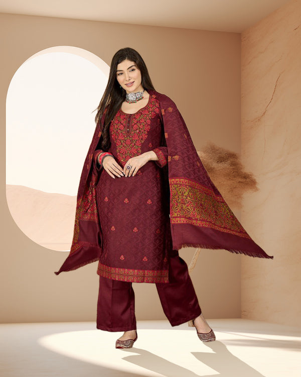 Woven Design Pure Wool Round Neck Kurta & Trousers With Dupatta