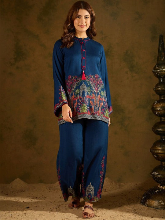Woolen Woven Kalamkari Design Round Neck Top & Trousers Co-Ords