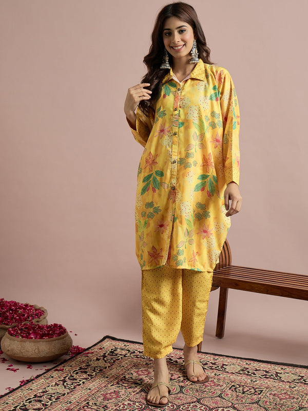 Yellow Floral Cotton Kaftan Kurta Trouser Set