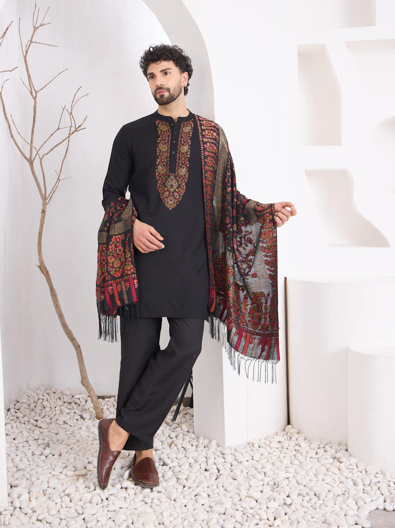 Men's Black Printed Kurta Set with Dupatta for Festive