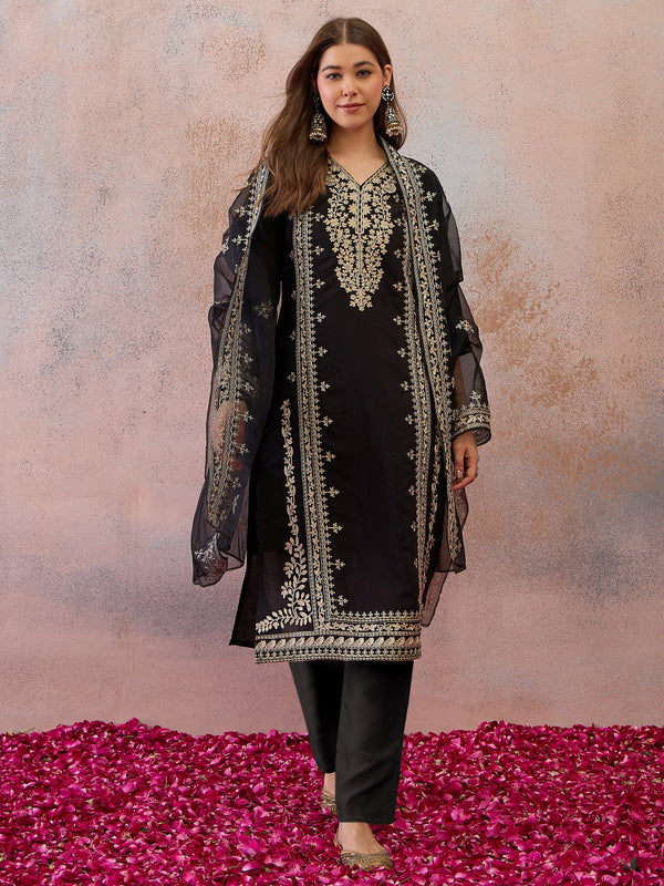 Women Festive Ethnic Silk Blend Embroidered Kurta Set With Embroidered Dupatta