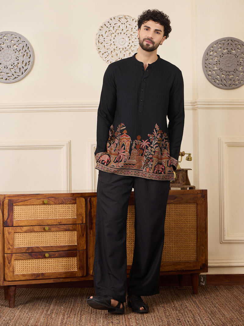 Men's Black Jacquard Kurta Set for Festive