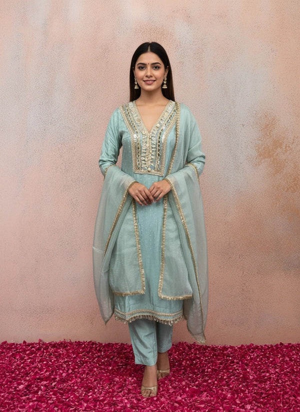 Women Sea Green Ethnic Motifs Mirror Work Kurta with Trousers & Dupatta Set