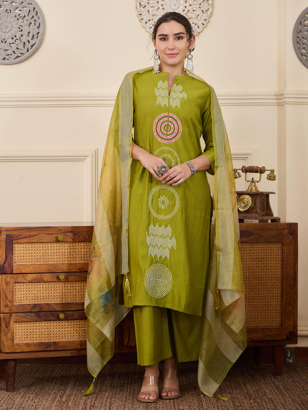 Green Mandarin Collar Kurta Set with Dupatta for Festive