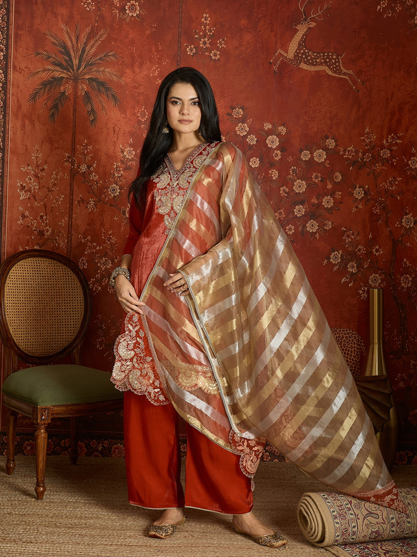 Women Rust Raw Silk V-Neck Kurta With Soild Trousers & Embroidered Dupatta