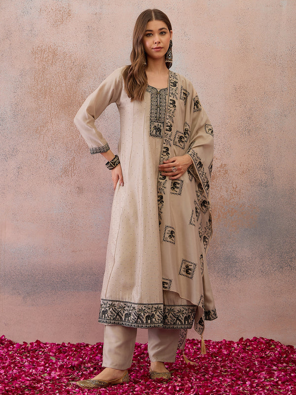 Women Beige Animal Embroidered Anarkali Kurta Set with Dupatta