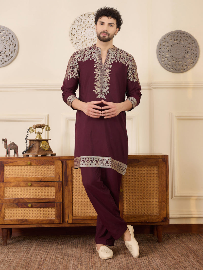 Men's Maroon Embroidered Kurta Set for Festive