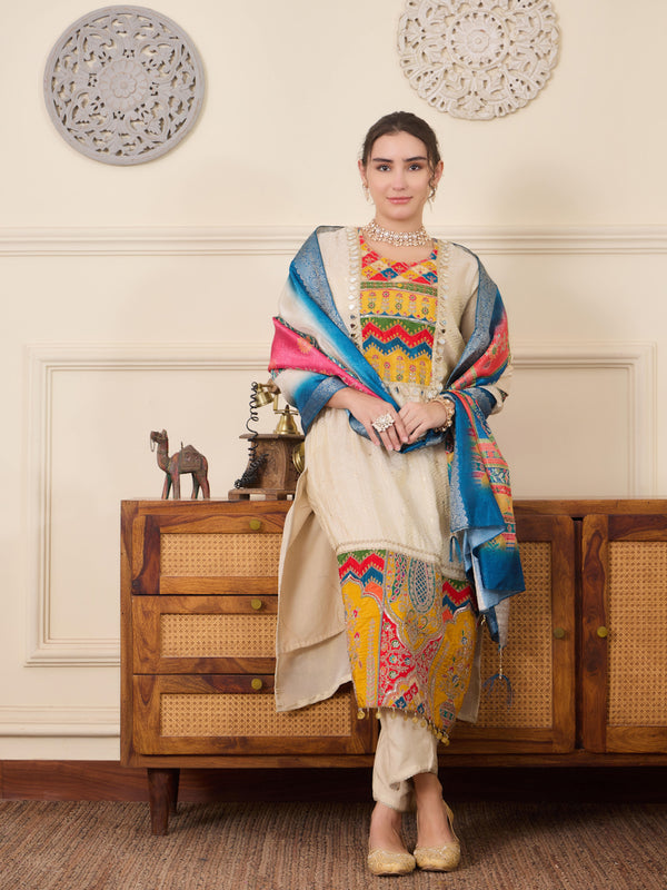Off White Embroidered Kurta Set with Dupatta for Festive