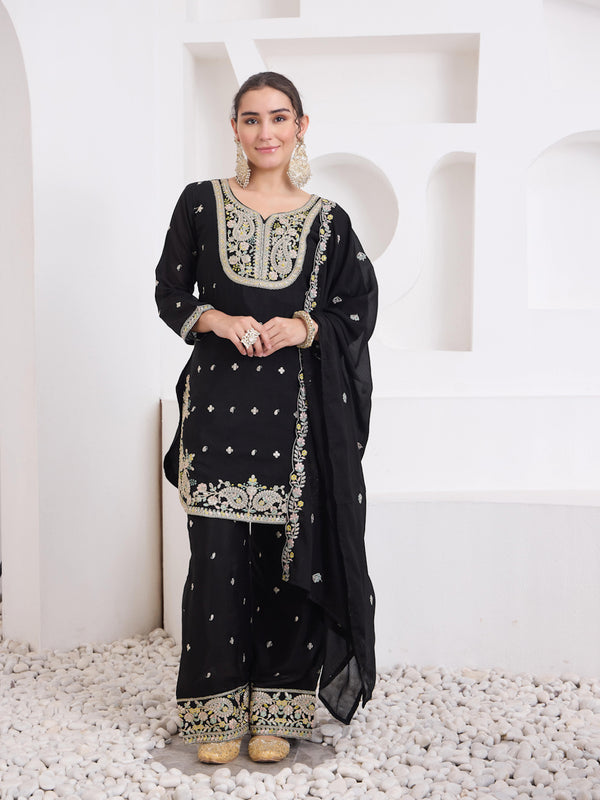 Women's Black Embroidered Kurta Set with Dupatta