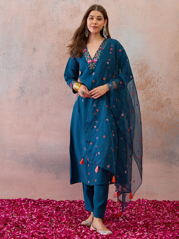 Women Teal Floral Embroidered Panelled Thread Work Kurta with Trousers & Dupatta Set