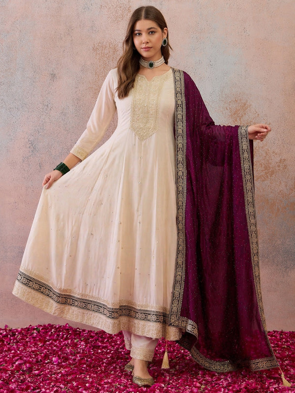 Women Festive Ethnic Silk Blend Embroidered Anarkali Kurta Set With Tasseled Dupatta