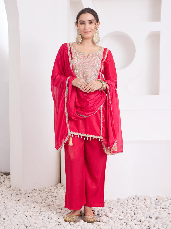 Women's Red Solid Kurta Set with Dupatta