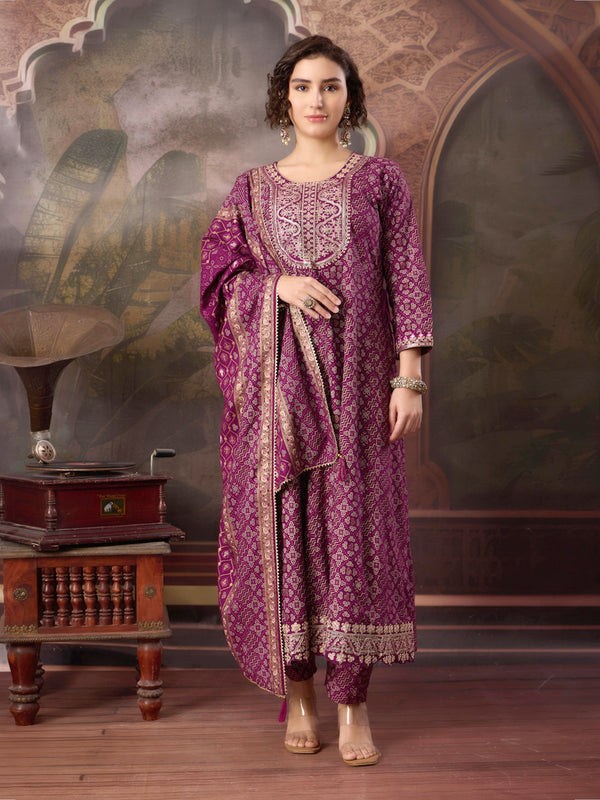 Women's Maroon Printed Kurta Set with Dupatta