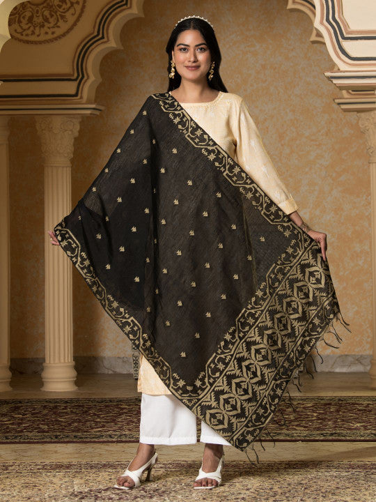 Black Floral Woven Zari Dupatta