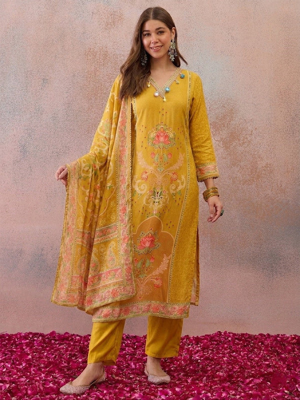 Women Ethnic Floral Embroidered Mirror &  Beads  Work Kurta With Dupatta