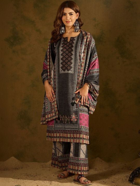 Women Ethnic Wool Motifs Printed Kurta with Palazzos & Dupatta Set