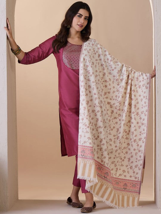 Women's Off White Floral Shawl - Ethnic Traditional Wear