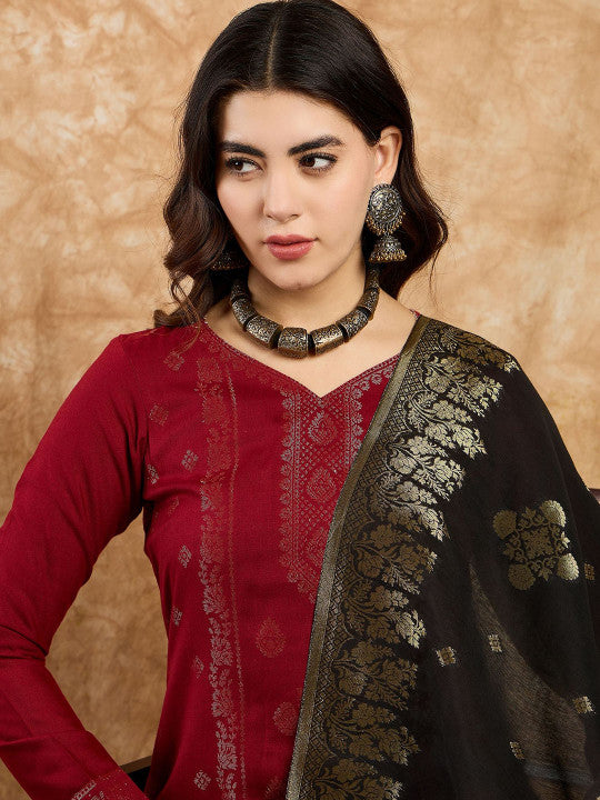 Women Maroon Ethnic Motifs Regular Kurta with Trousers & Dupatta Set