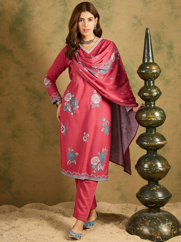 Sahasika Pink Wool-Blend Ethnic Motifs Kurta & Trouser with Dupatta