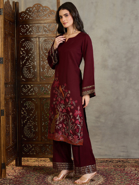 Women Maroon Ethnic Motifs Embroidered Thread Work Kurta with Trousers