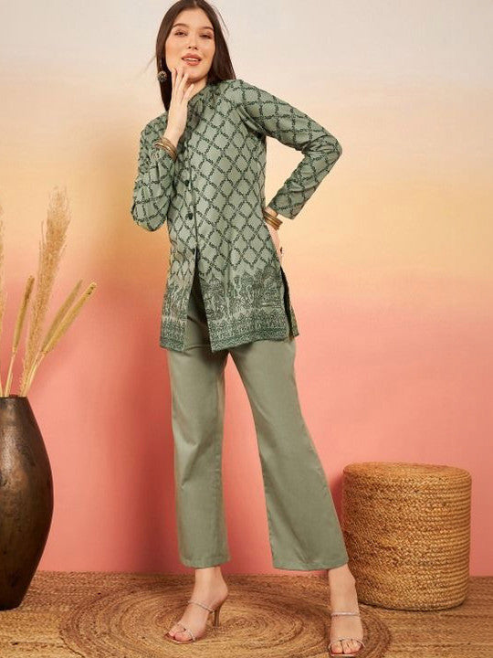 Women Green Printed Tunic with Trousers