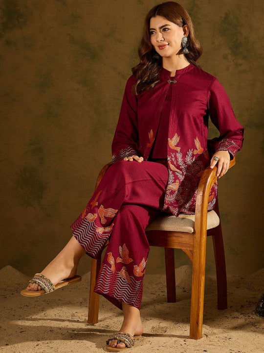 Bohemian Embroidered Maroon Tunic with Trousers Co-Ord Set