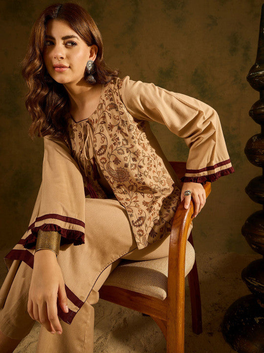 Women Beige Ethnic Motifs Regular Kurta with Palazzos