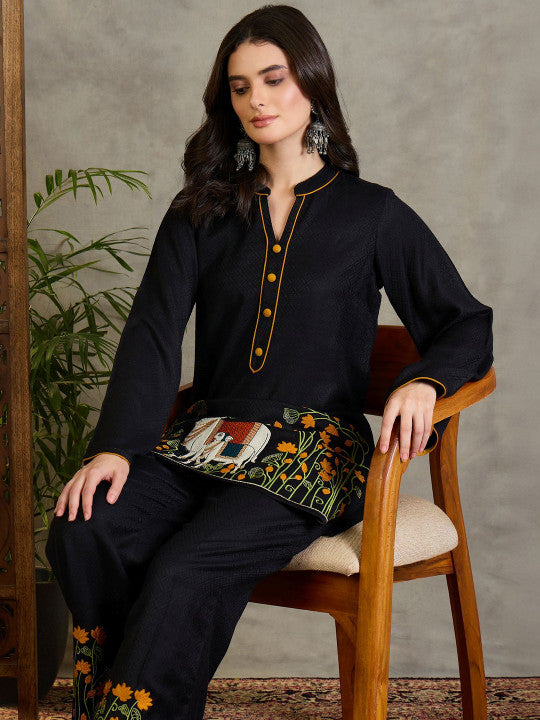 Ethnic Pashmina Embroidered Collar Black Tunic & Trousers Co-Ord Set