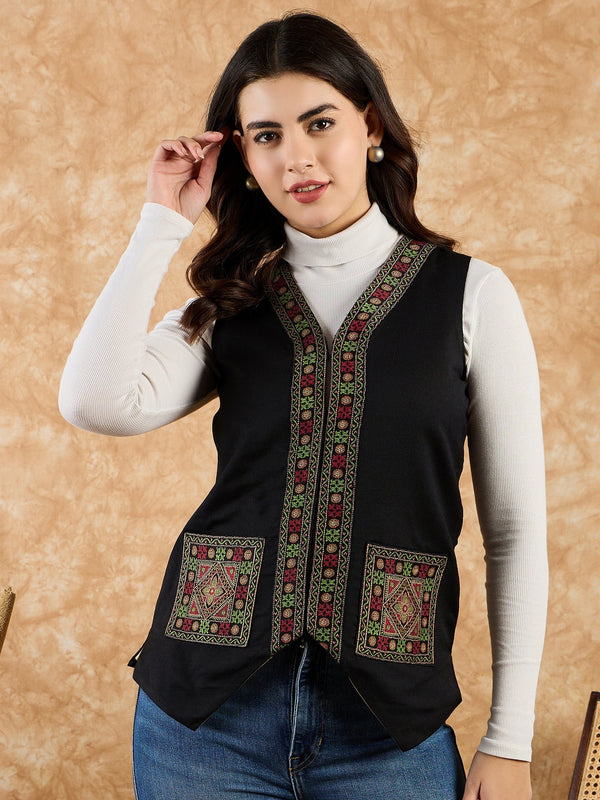 Sahasika Women Collarless Self Design Woollen Casual Tailored Jacket