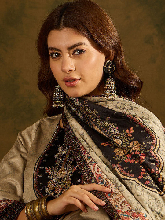 Women Beige Ethnic Motifs Printed Regular Thread Work Velvet Kurta with Trousers & Dupatta Set
