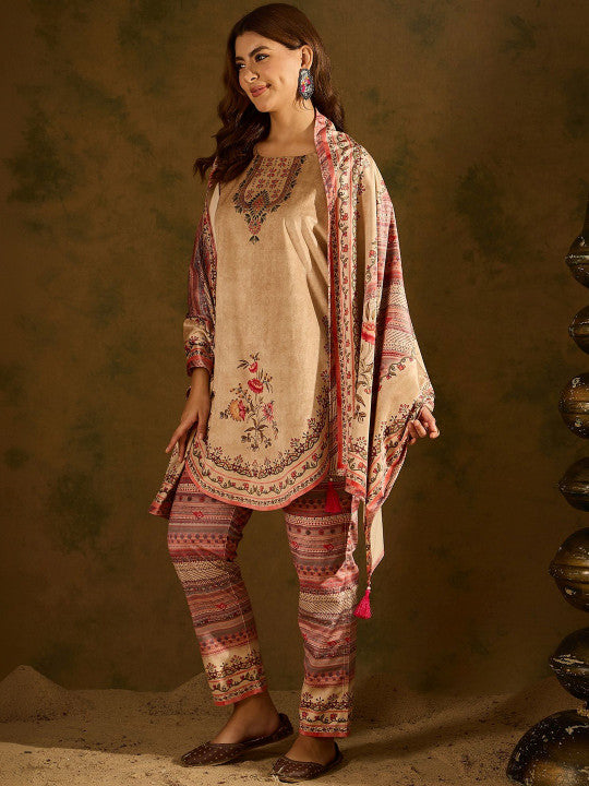 Women Beige Ethnic Motifs Printed Heavy Velvet Kurta with Trousers & Dupatta Set