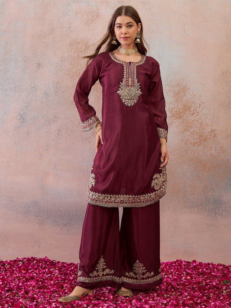Women Maroon Ethnic Motifs Embroidered Regular Aari Work Kurta with Trousers & Dupatta Set