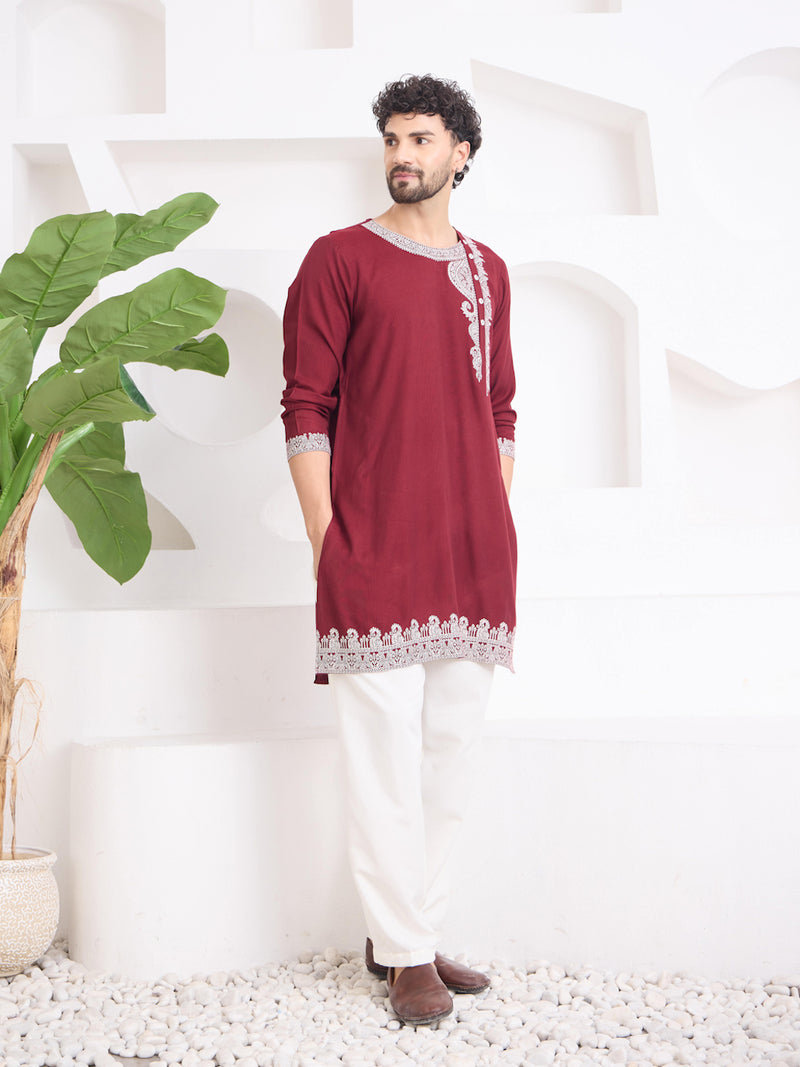 Men Maroon Breathable Paisley Jacquard Kurta with Trousers