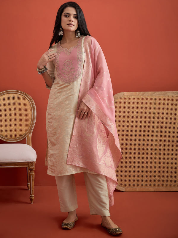 Women Pink Embroidered 3-Piece Kurta Set With Trousers & Dupatta