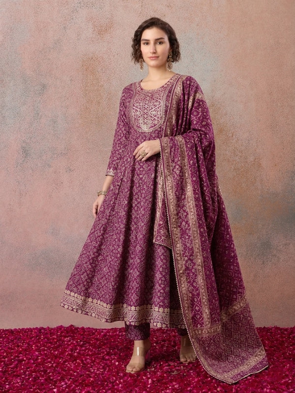 Women Festive Bandhani Embroidered Anarkali Kurta Set With Dupatta