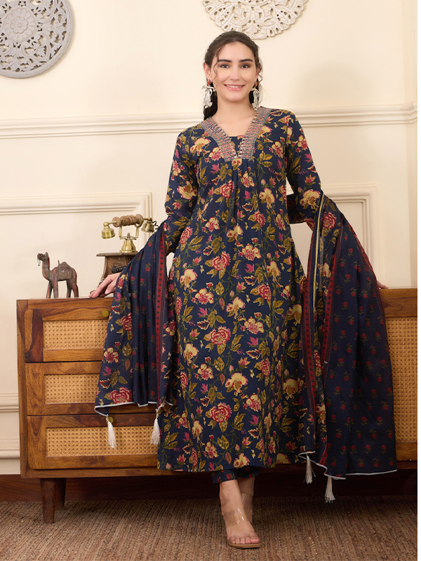 Women's Navy Floral Kurta Set with Dupatta