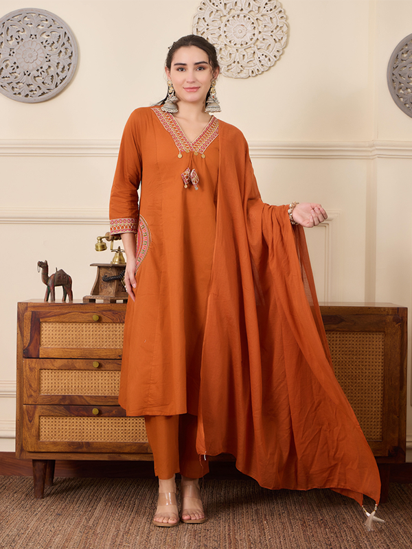 Women's Rust Anarkali Kurta Set with Dupatta