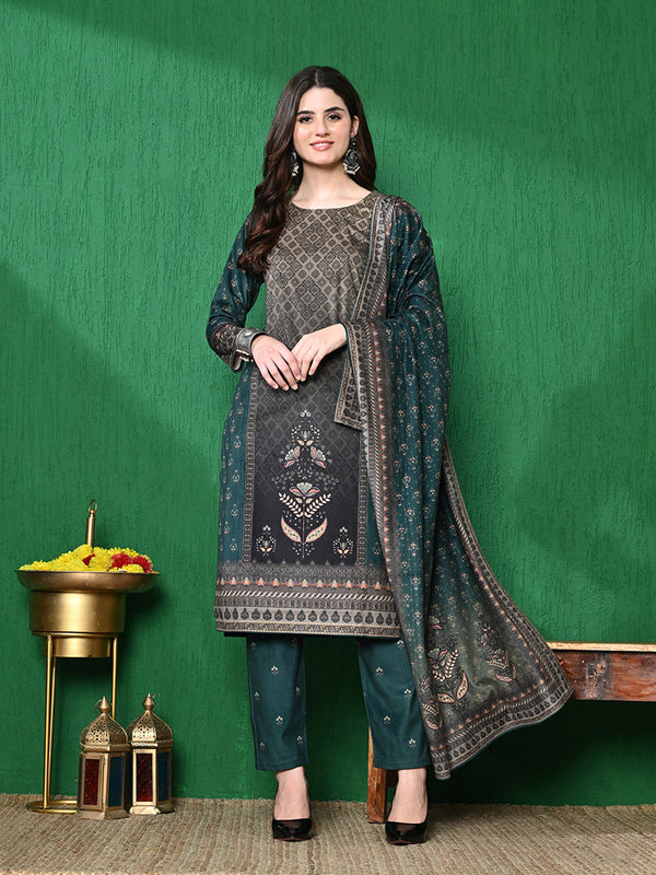 Sahasika Round Neck Floral Printed Velvet Straight Kurta with Trouser & Dupatta