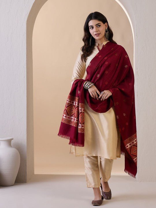 Sahasika Maroon Woven Pattern Stole for Women with Tassel Edges