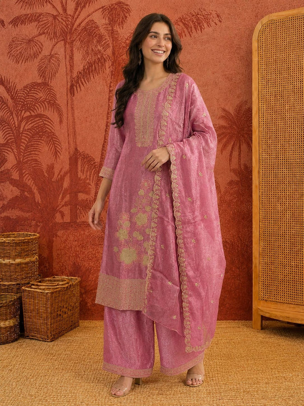 Women Ethnic Festive Gold Embroidered Silk Kurta Set With Bottom & Dupatta