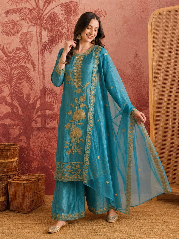 Women Ethnic Festive Gold Embroidered Silk Kurta Set With Bottom & Dupatta