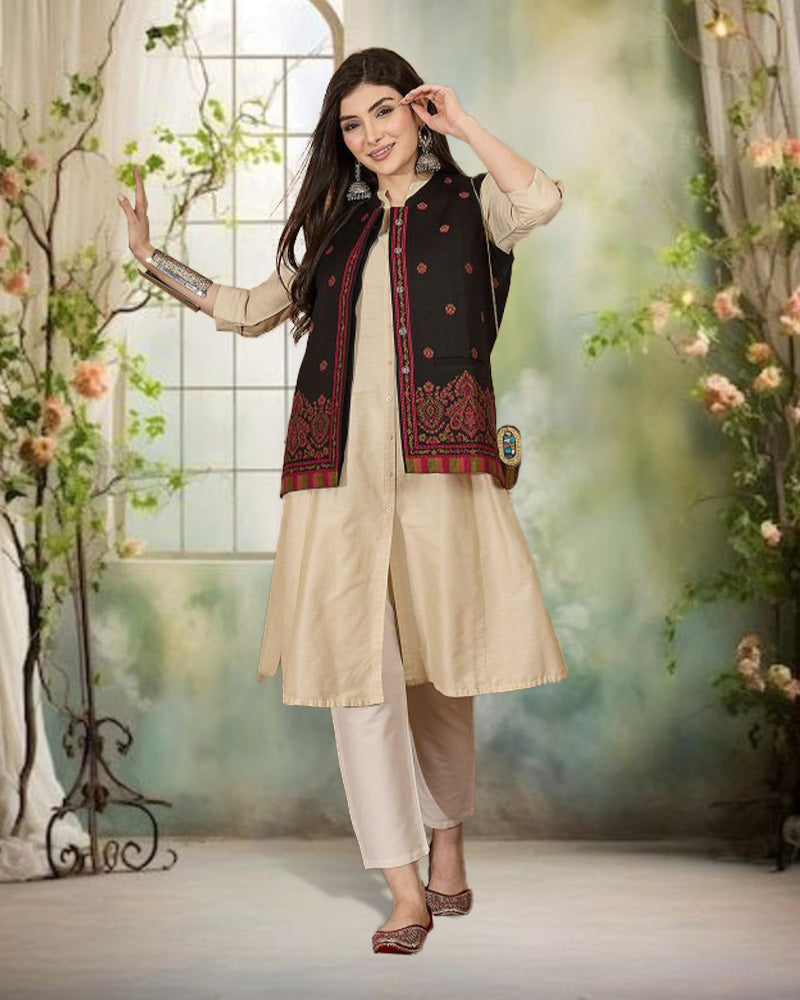 Women Woven Design Winter Wool Blend Nehru Jacket