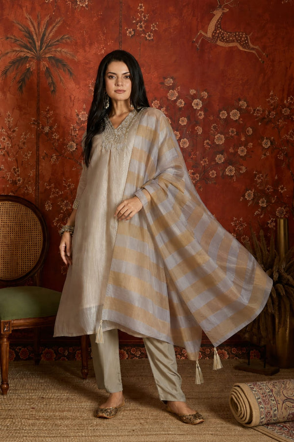 Pearl Grey Embroidered 3-Piece Kurta Set