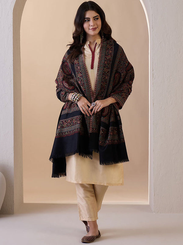 Sahasika Black Ethnic Motifs Woollen Shawl with Fringed Border