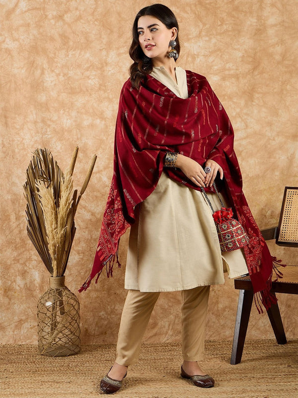 Sahasika Maroon and Gold Floral Woollen Shawl with Tassels