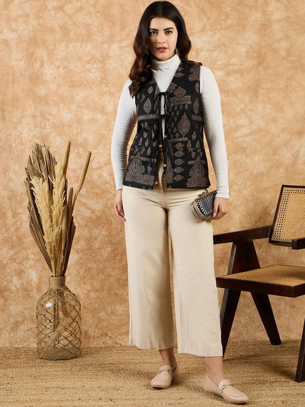 Sahasika Women Collarless Floral Printed Woollen Casual Tailored Jacket