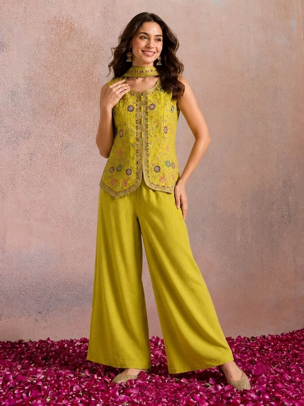 Women Festive Beads & Stones Embroidered Short Kurti With Palazzo & Dupatta